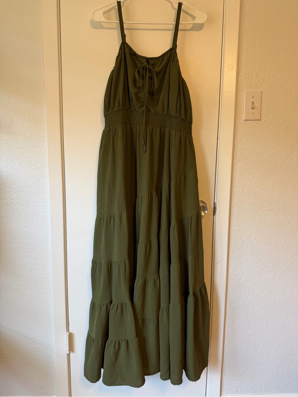 Olive Green Tiered Maxi Dress with Smocked Waist and Tie